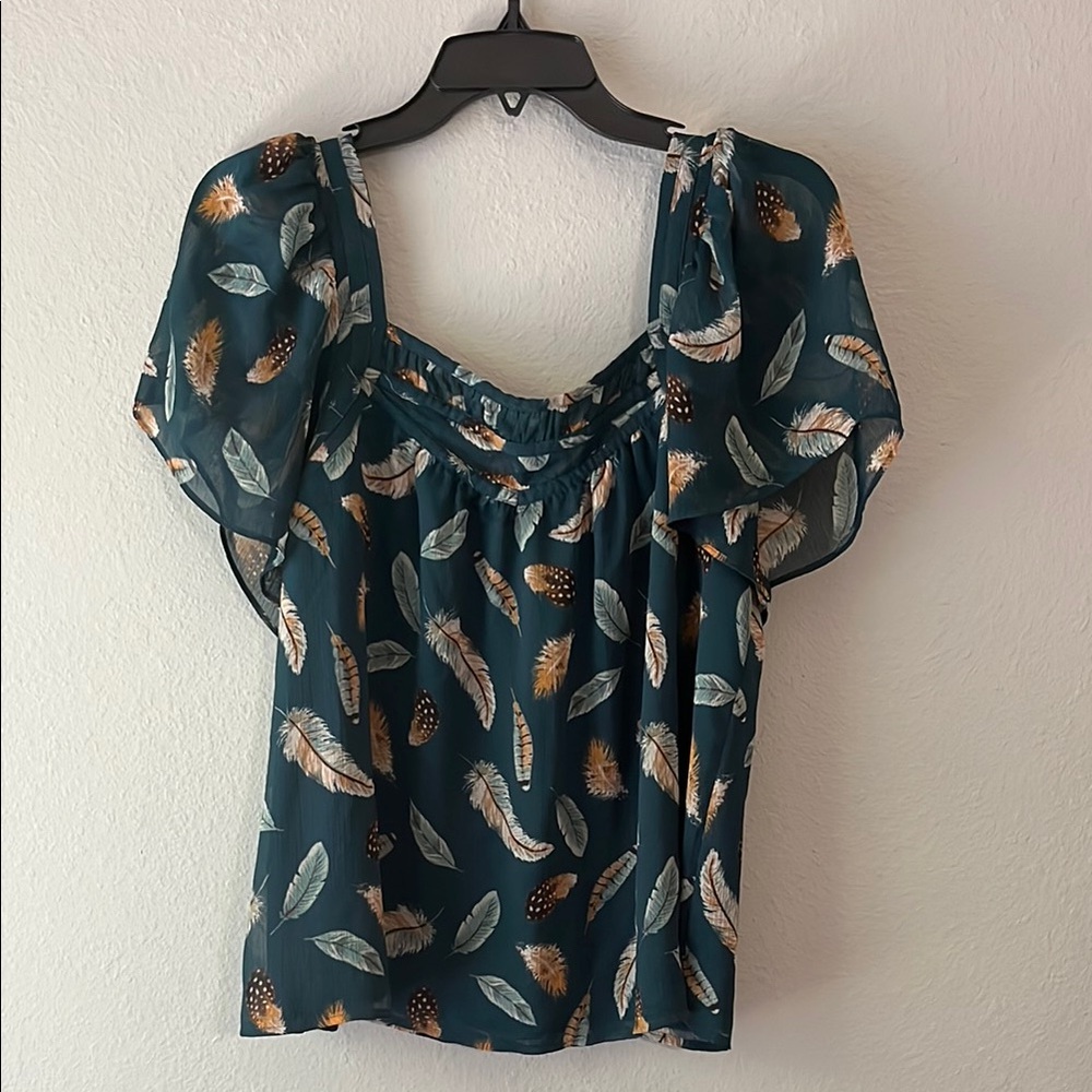 Loft Teal Feather Print Top size M